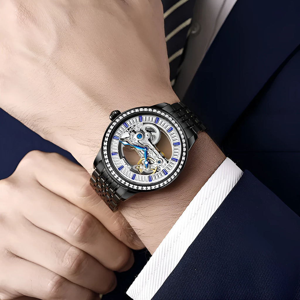 Men's rose gold stainless steel mechanical watch with business dial and onion crown.