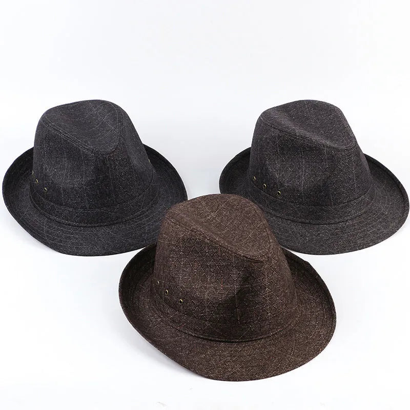 Men's thickened fedora hat shown in classic colours with size options from 57 to 60 centimetres.