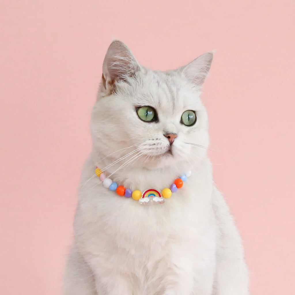 Colourful plastic bead cat necklace in rainbow, peach, or small flower pattern on a white background.