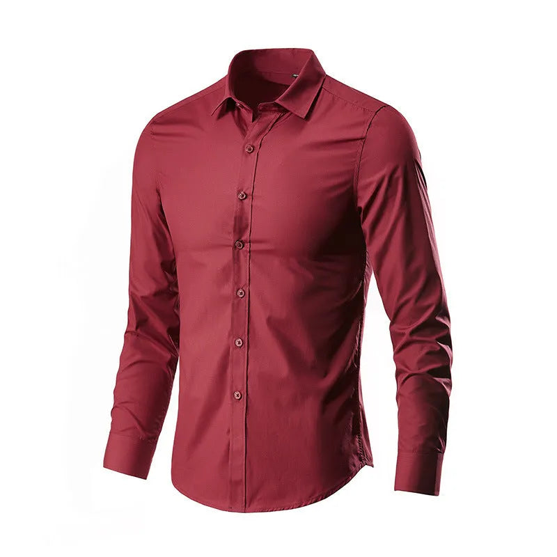 Men's slim fit long-sleeve linen shirt on a hanger, available in multiple colours and sizes up to 5XL.
