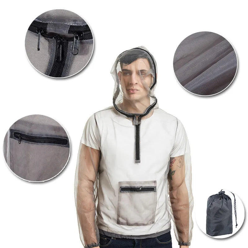 Smoky grey mesh insect-proof outdoor jacket for men and women.