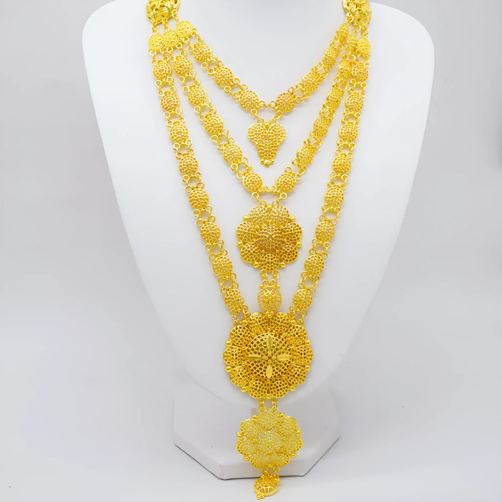 Dubai golden tassel jewellery set including necklace, earrings, bracelet, and ring with water wave chain, alloy construction