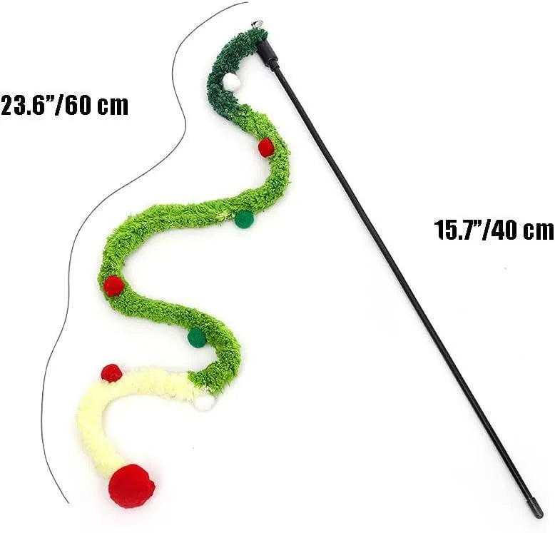 Blue interactive cat wand toy with a long plush strip, fluffy ball, and bell on a 41cm pole.
