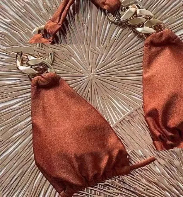 Brown women's push-up tube top bikini swimsuit with split design and ring tether detailing