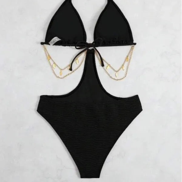 Women's black polyester bikini swimsuit with sleeveless design