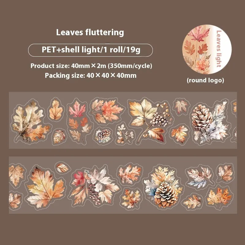 Roll of decorative leaf pattern stickers for hand account books showing six different natural designs including ginkgo and maple leaves