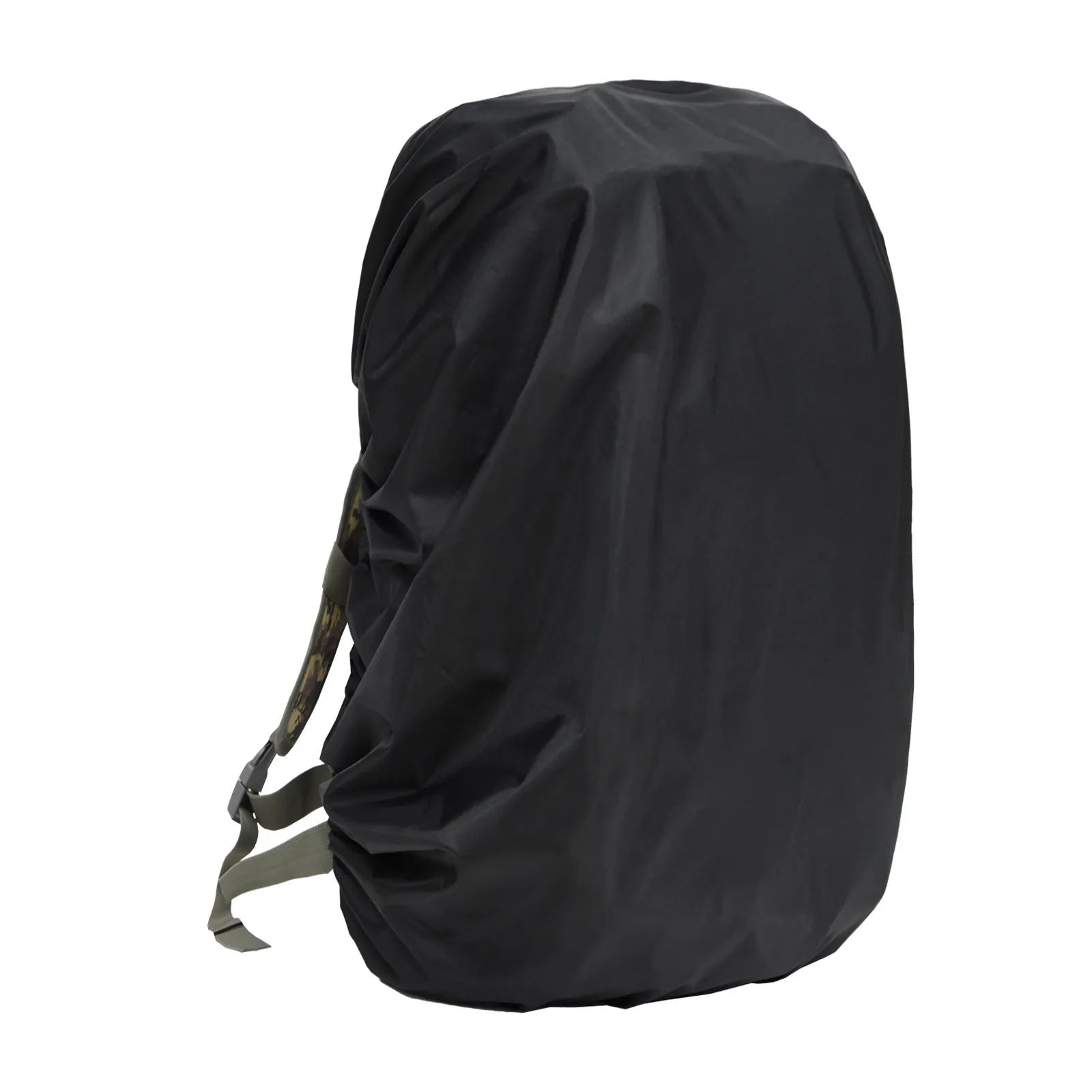 Army green waterproof backpack rain cover shown alongside a large hiking backpack.