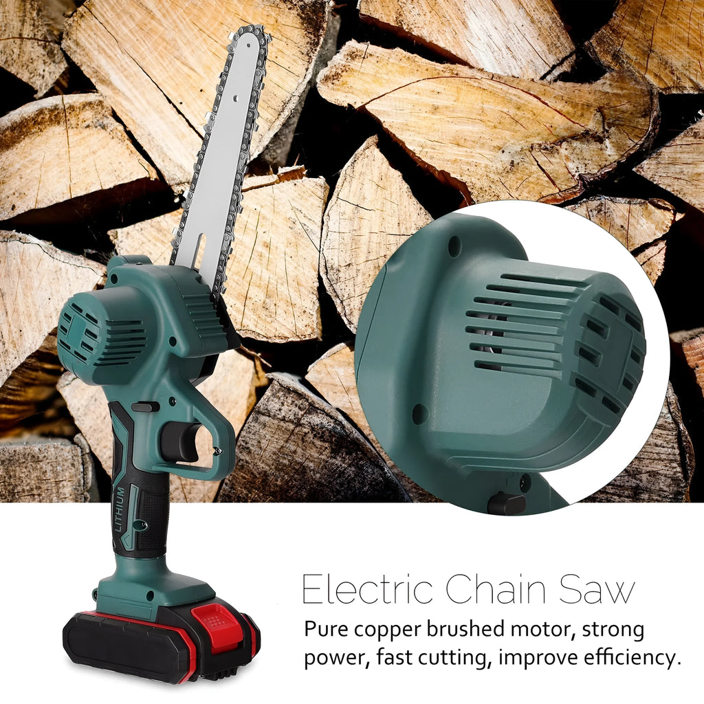Black mini electric chainsaw held in one hand, showing 4-inch guide bar and compact body.