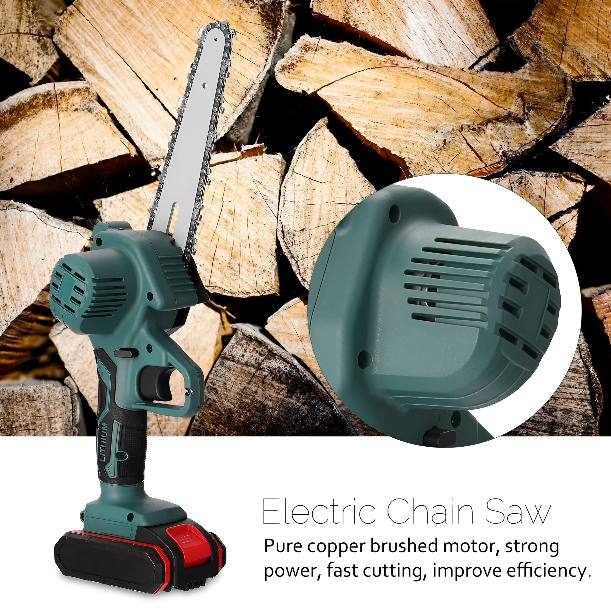 Black mini electric chainsaw held in one hand, showing 4-inch guide bar and compact body.