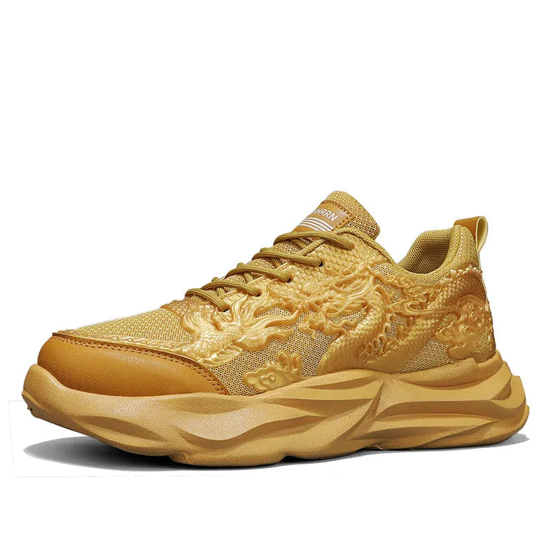 Casual sneakers with Chinese dragon artwork on breathable fly knit material and rubber soles