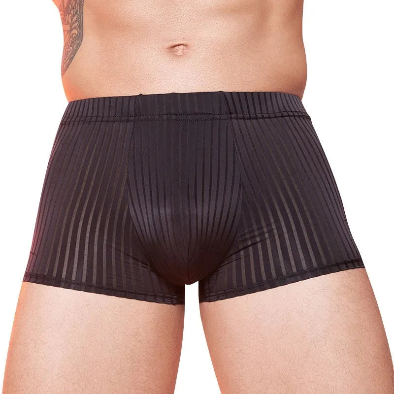 Men's striped thin transparent nylon underwear in black, white and dark grey colours