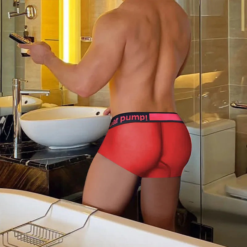 Men's low waist laser gradient underwear in black, red, and white colours with seamless construction