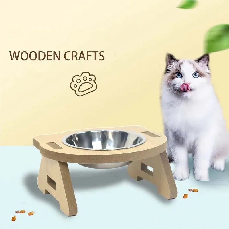 Wooden elevated cat feeder with two stainless steel bowls for food and water