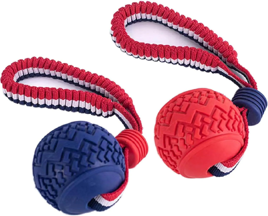 Blue and red durable rubber dog ball with rope attachment toy for medium and small dogs