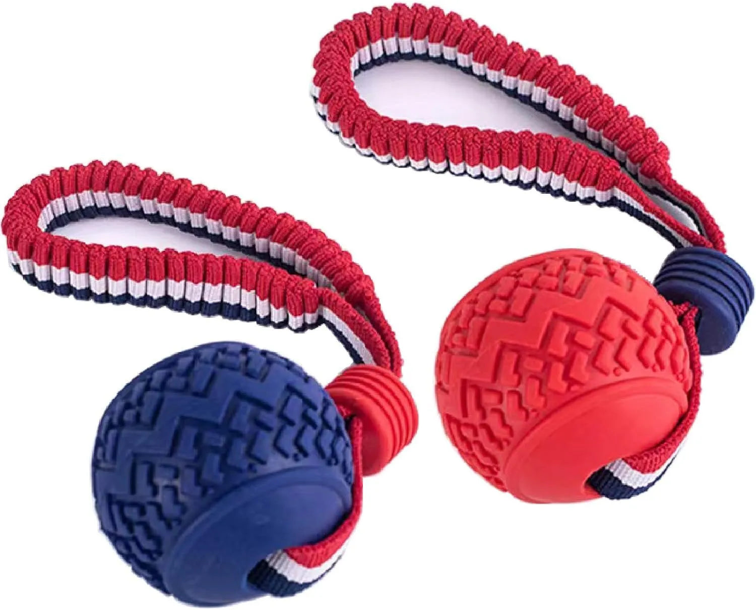 Blue and red durable rubber dog ball with rope attachment toy for medium and small dogs