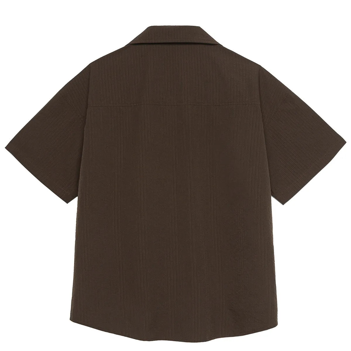 Brown striped Cuban collar short sleeve outdoor shirt laid flat.