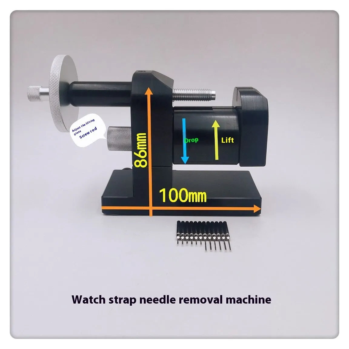Steel alloy watch bracelet pin removal tool machine on a workshop bench.