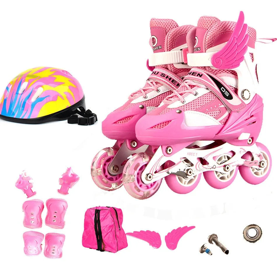 Colourful adjustable children's roller skates with aluminium frame, PU foam wheels, and full set of protective gear.
