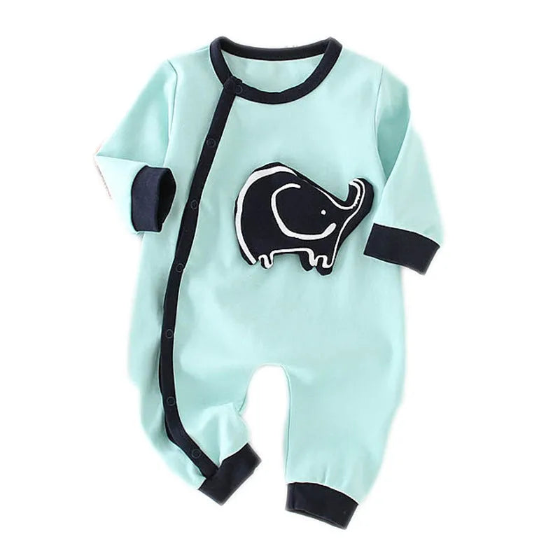 Baby cotton long sleeve romper with diagonal button closure in blue house print