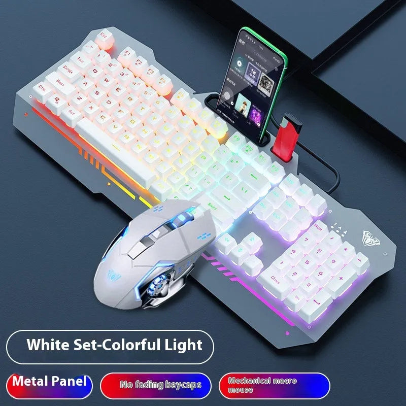 Black and white wired mechanical-feeling keyboard mouse headset bundles with RGB or blue backlighting