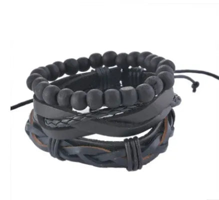Hand-woven leather bracelet with wooden beads and adjustable closure in punk style