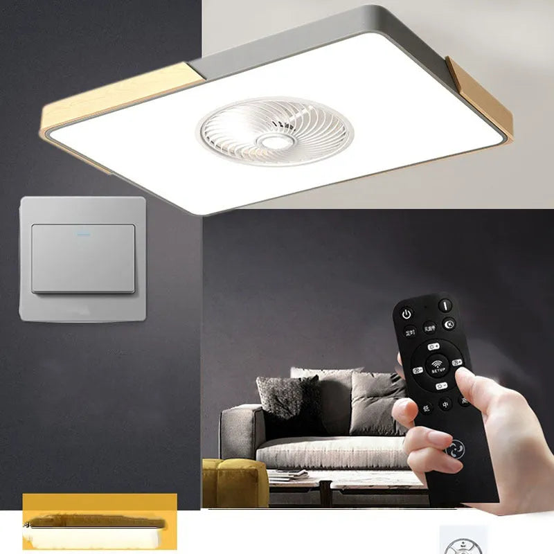 Nordic ceiling fan with light featuring solid wood blades and a white PVC lampshade