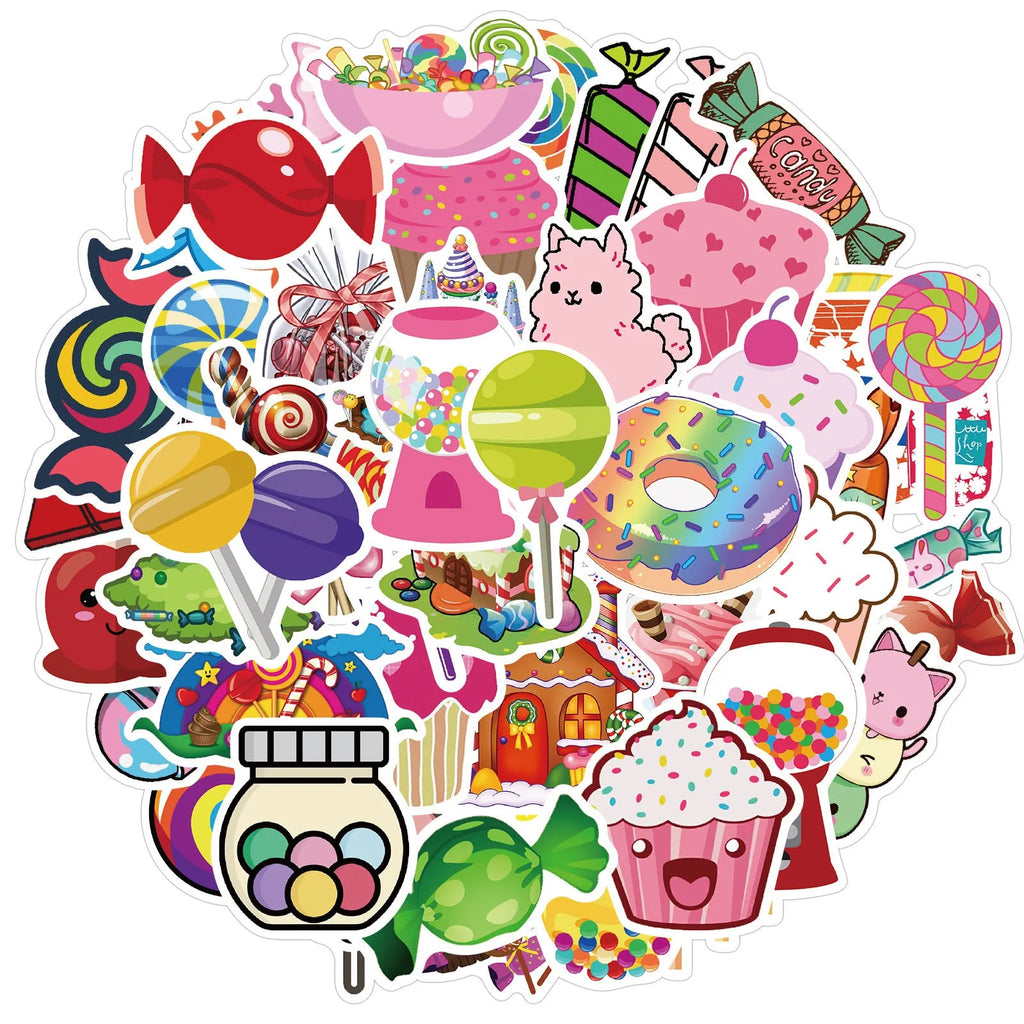 Fifty colourful candy graffiti adhesive stickers with cartoon and cute patterns measuring 4-6cm