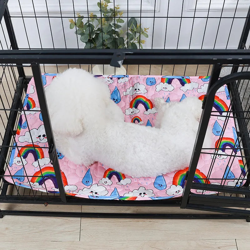 Reusable washable pet urine pad with animal print design, showing non-slip backing and cloth material.