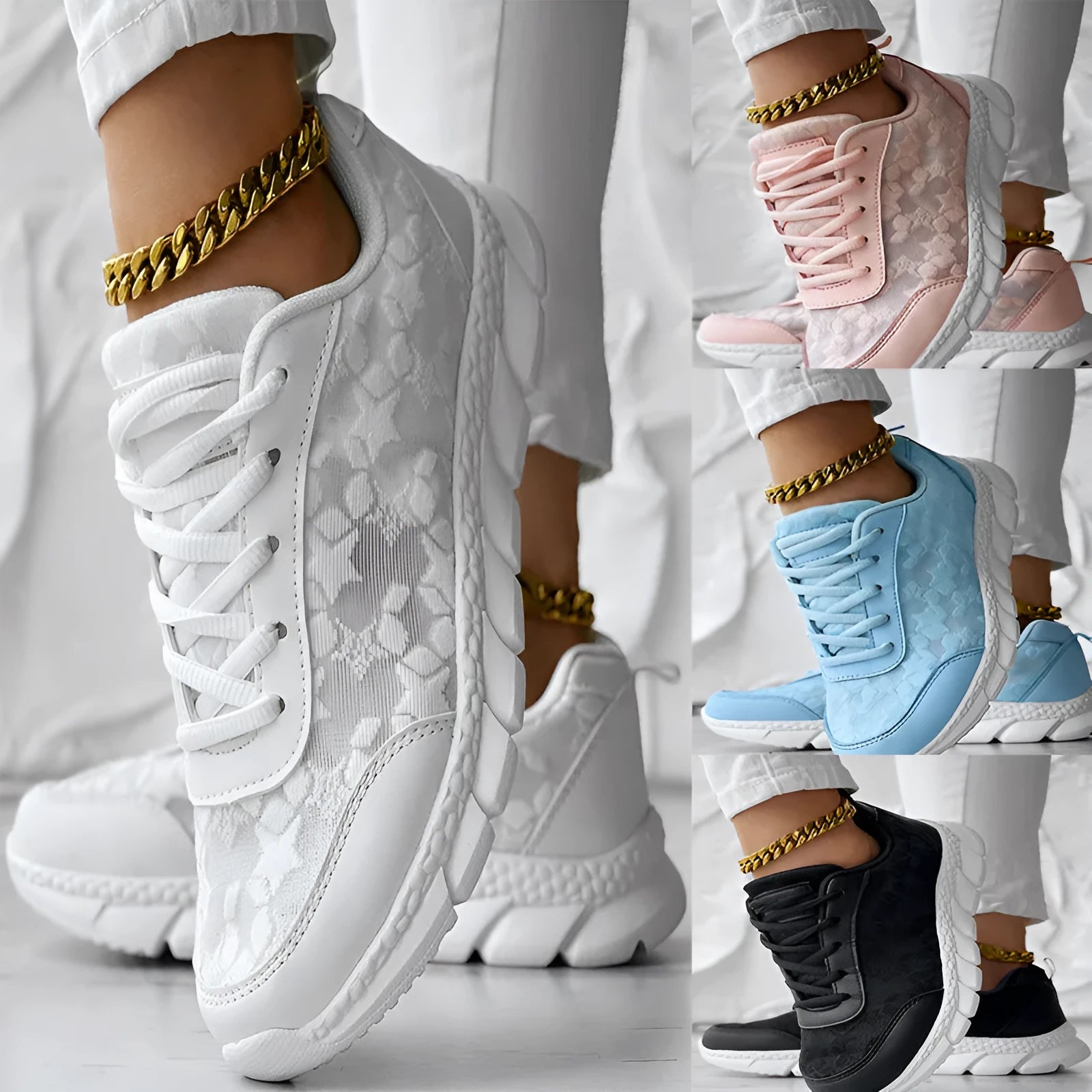 Women's lightweight canvas running shoes in white, black, blue or pink with soft sole and flat heel