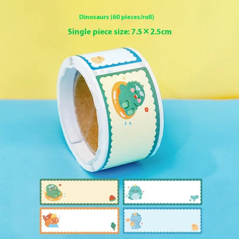 Roll of cartoon tape name stickers with dinosaur, astronaut, rabbit, or girl designs - 60 adhesive labels per roll