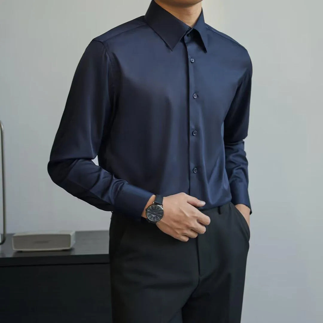 Man wearing a black long sleeve Korean style cardigan shirt with a loose fit and Japanese retro design details.
