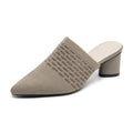 Women's pointed toe cap sandals with a 5cm chunky heel in a fabric upper and rubber sole.