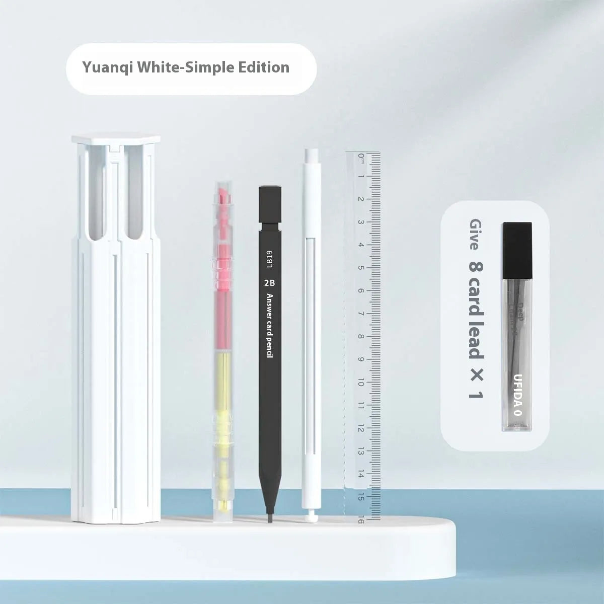 Pressing pen kit with plastic pencil case in blue, white, or pink containing six or sixteen pens