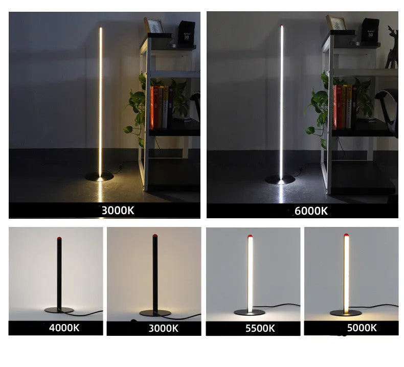 A vertical aluminium alloy floor lamp with a modern simple design, shown in three available sizes.
