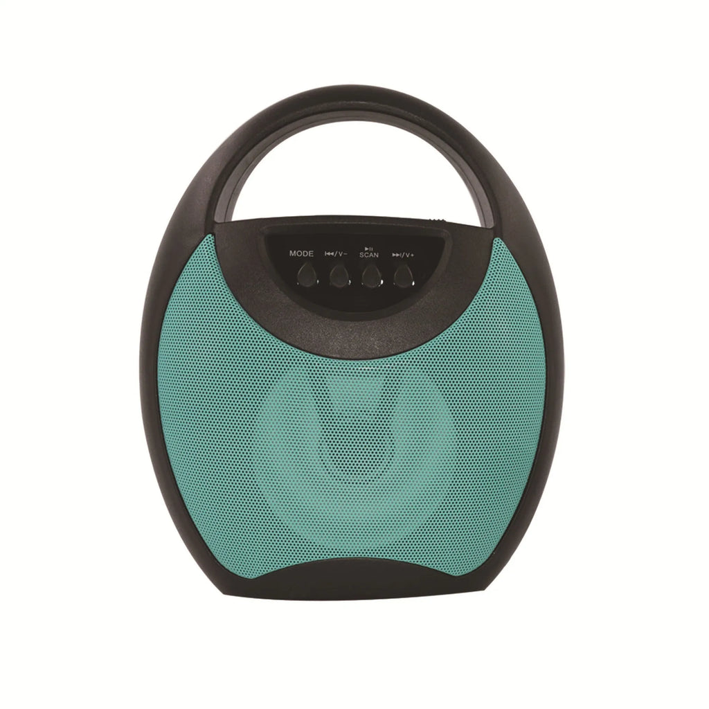 Portable Bluetooth speaker in black, blue, or pink colours with USB port and SD card slot visible