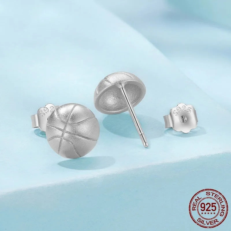 S925 Sterling Silver Basketball Stud Earrings for Women Electroplated Silver Stud Earrings in Colour SCE1906 Pair of Sports Themed Earrings