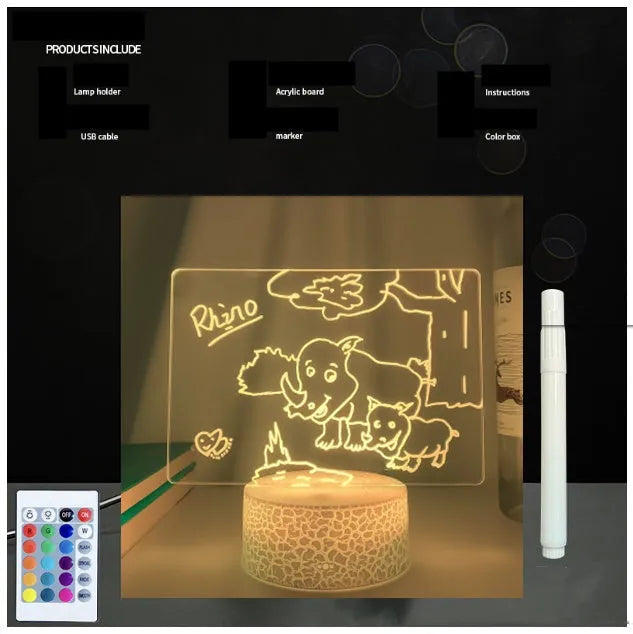 Black 3D acrylic LED message board night light with remote control and pen on desk