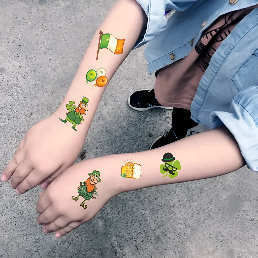 St Patrick's Day clover temporary tattoo sticker on paper, 120mm by 75mm.