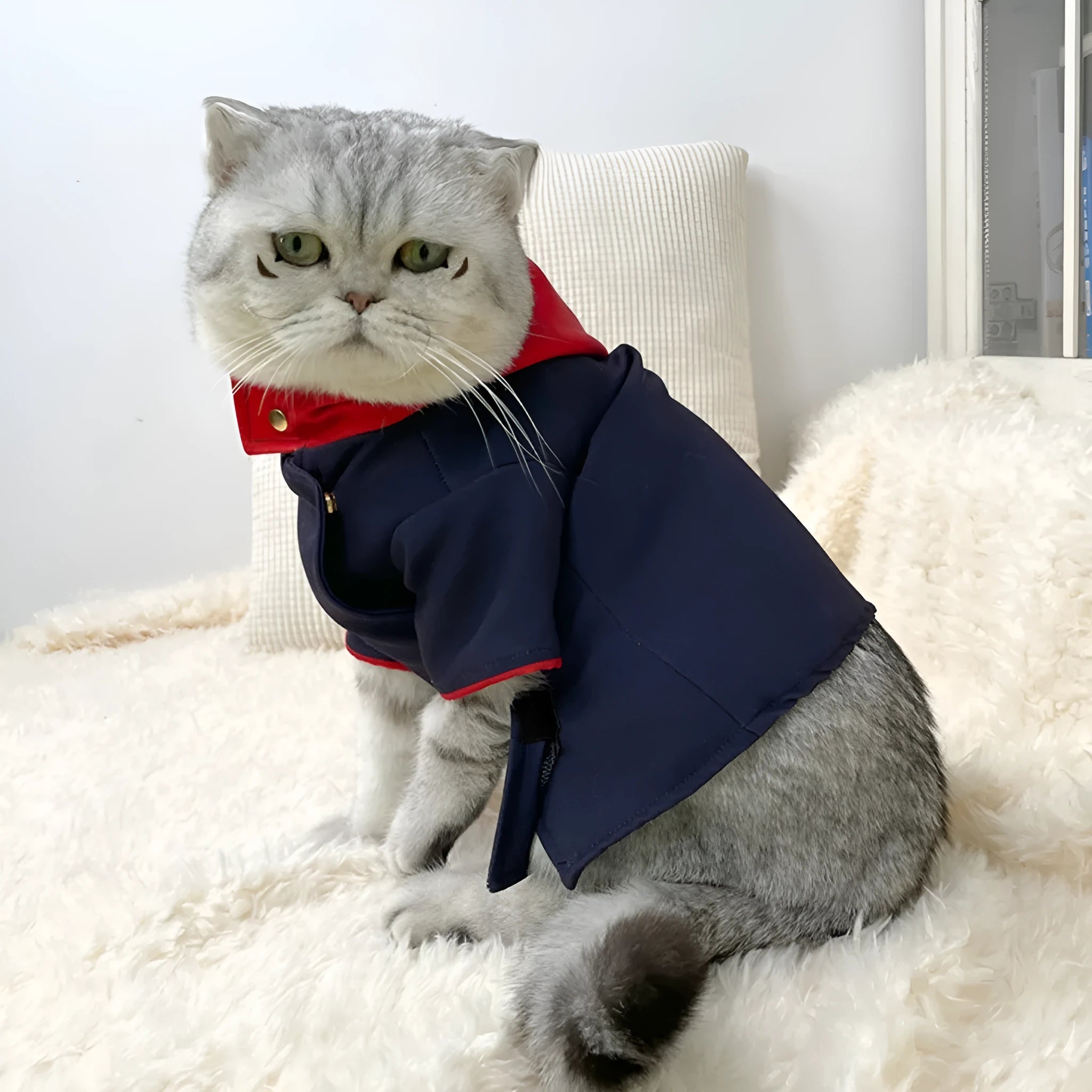Tiger Staff Yuren patterned hoodie garment on a cat or dog for photography.