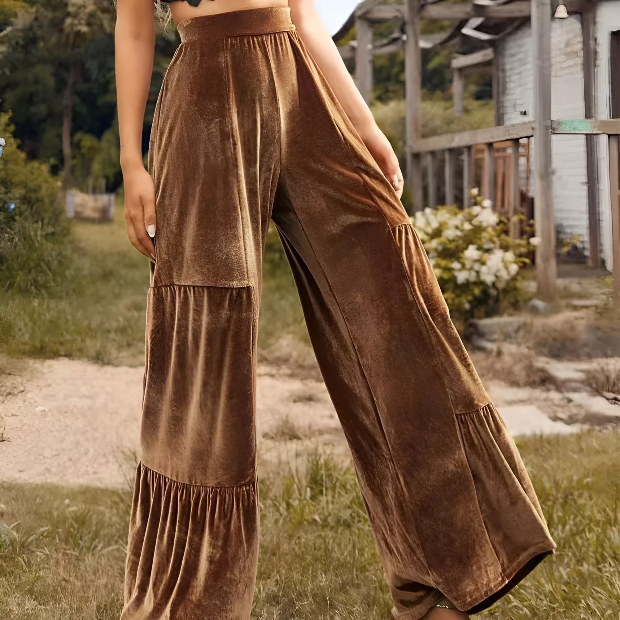Chestnut high-waist flared wide-leg polyester trousers for women with ruffled detail