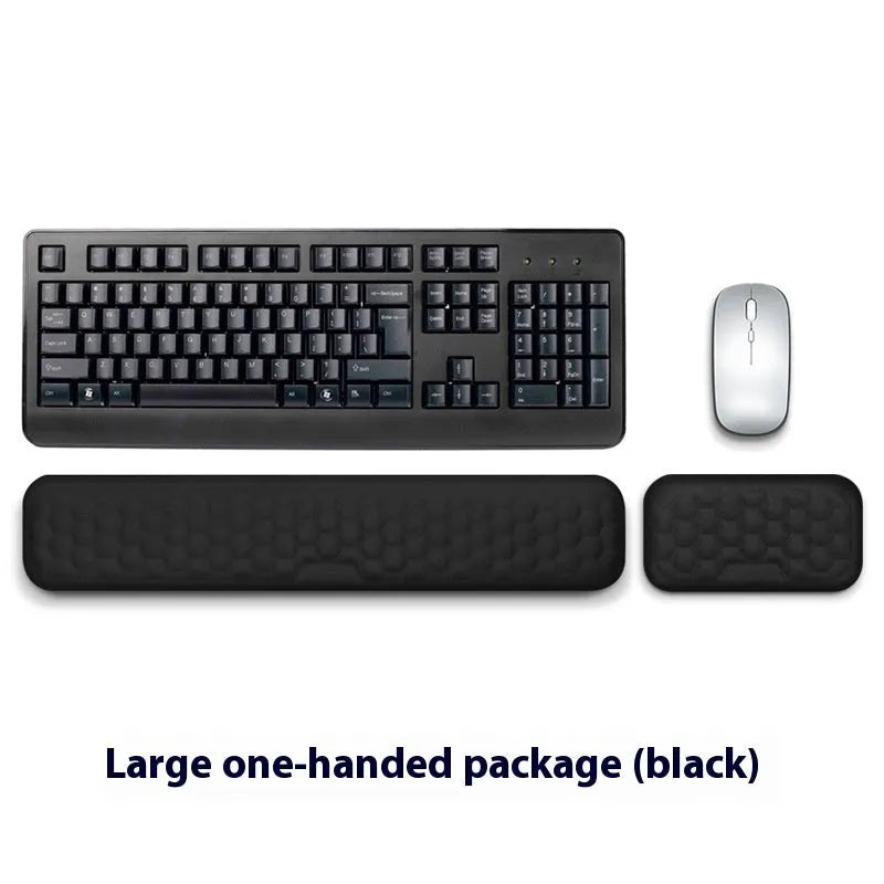 Grey and black memory foam mouse wrist pads with silicone bases, shown in cloth and leather cover options.