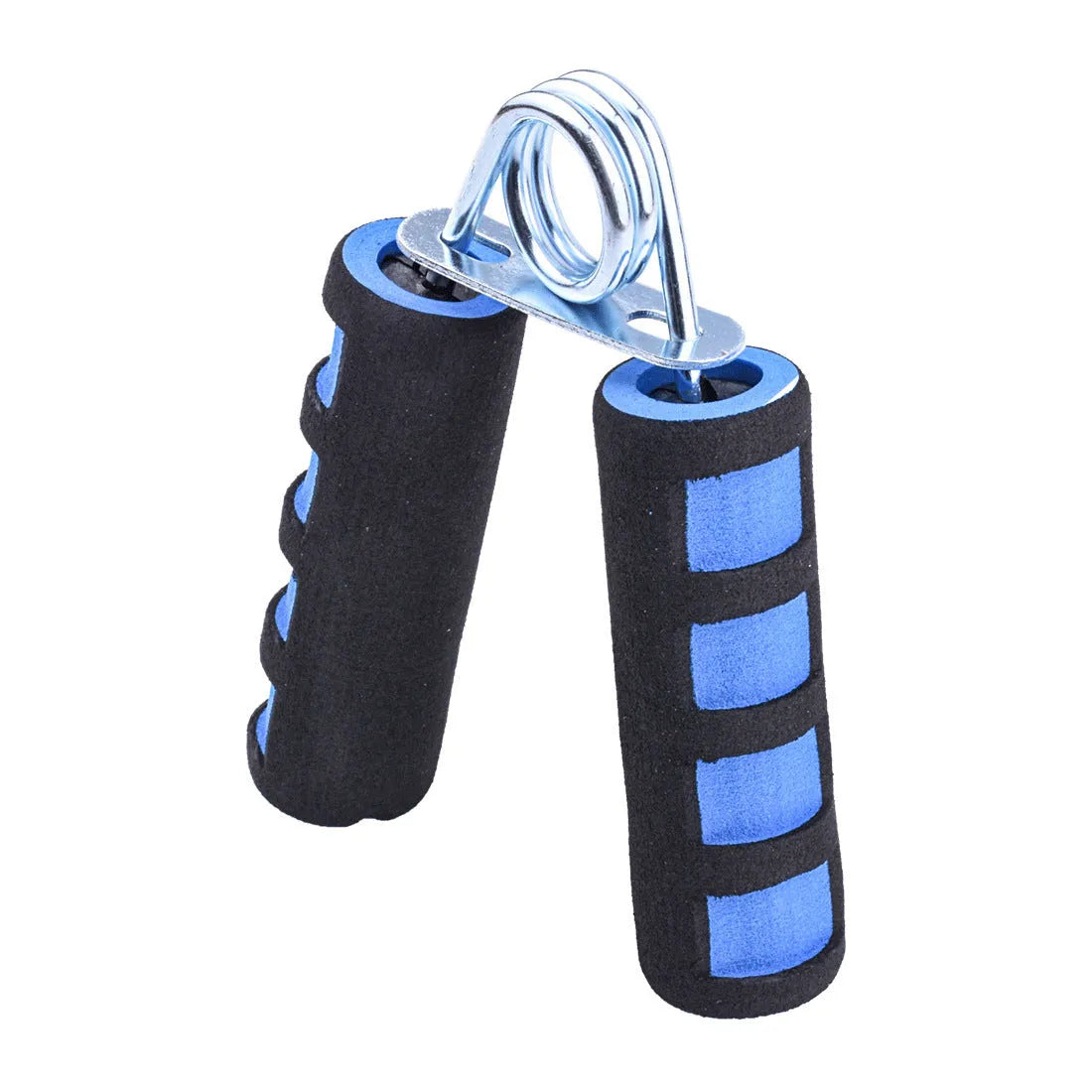 Hand training spring hand grip with black foam grip and steel springs on white background
