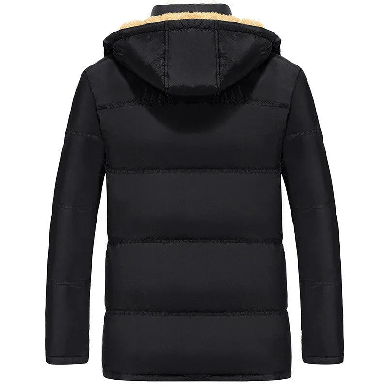 Black men's hooded winter padded jacket with velvet lining and double-breasted front.