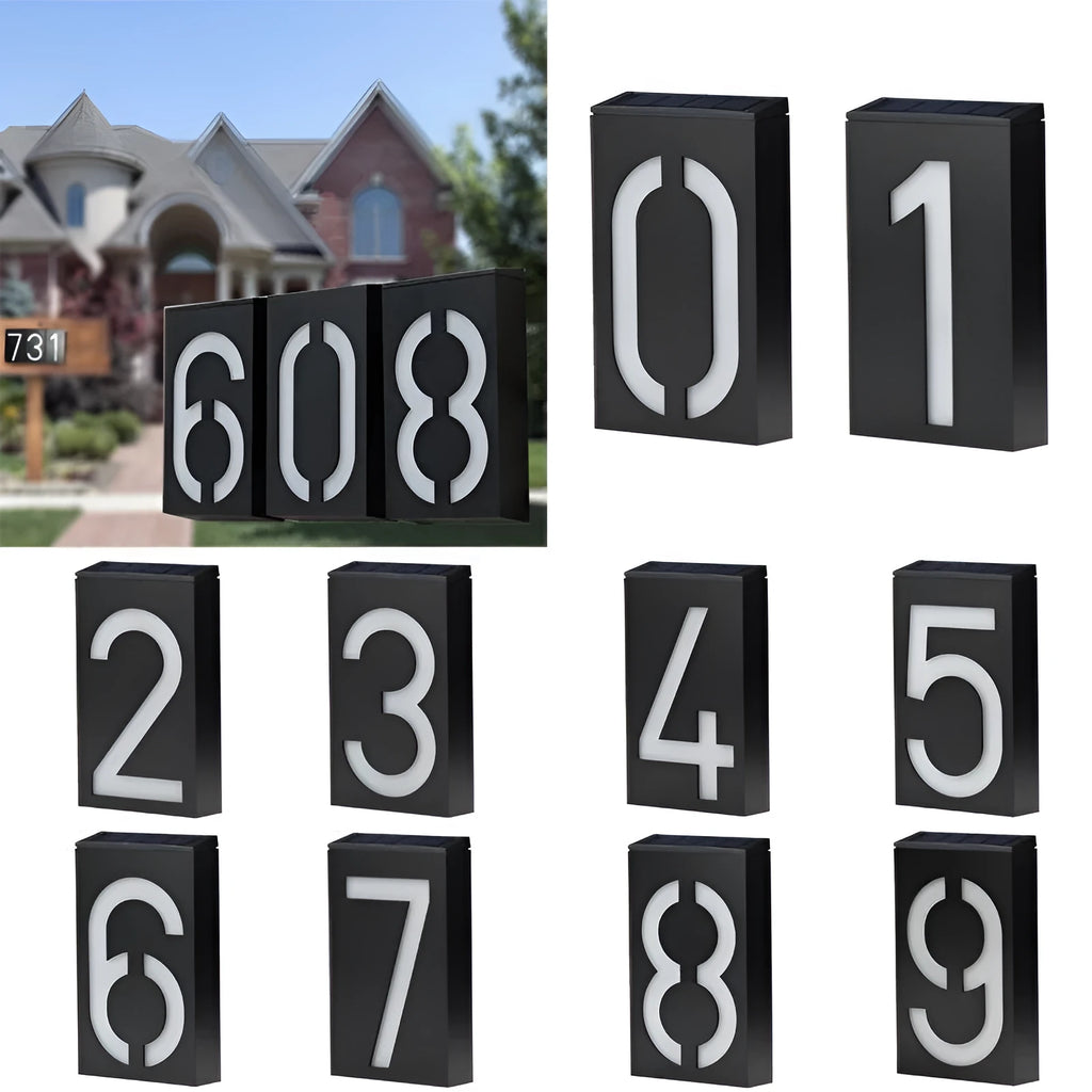 Solar powered house number lamp with LED lights for outdoor wall mounting
