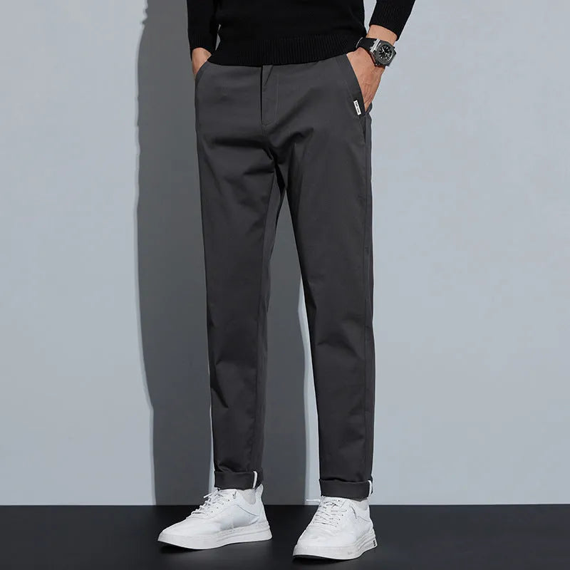 Combed cotton light business casual trousers for men in four colours with mid-rise elastic waist