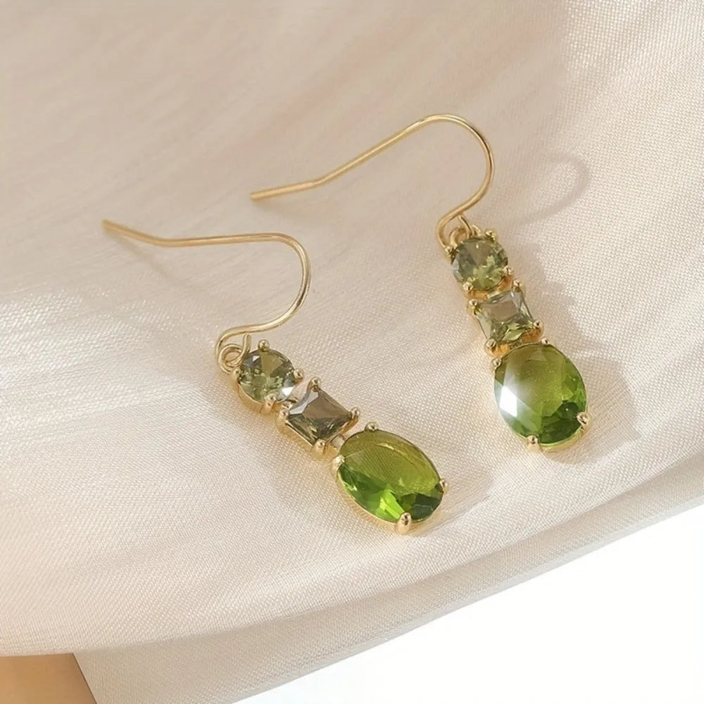 Green geometric copper drop earrings with quadrilateral design in retro Bohemian style