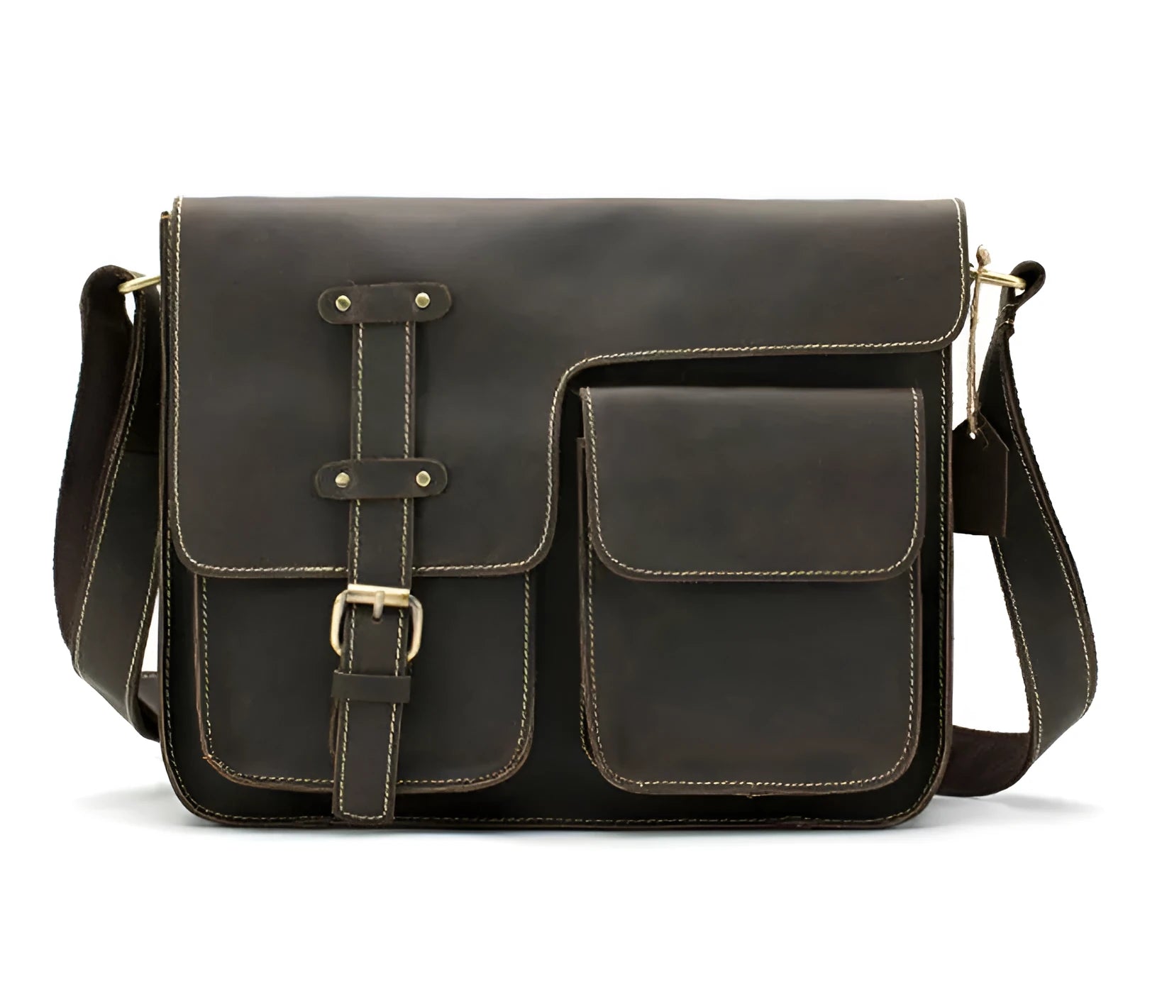 Genuine leather vintage messenger bag with crossbody strap in dark coffee colour showing flap closure