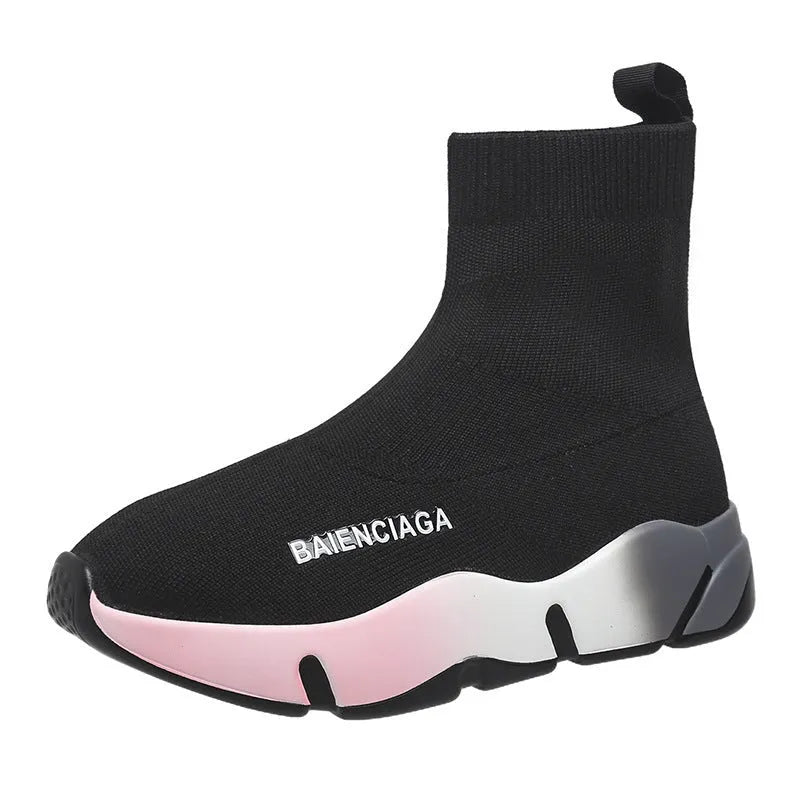 Women's black platform sock boots with cloth upper, rubber sole, round toe, thick heel, and low tube design on a neutral background