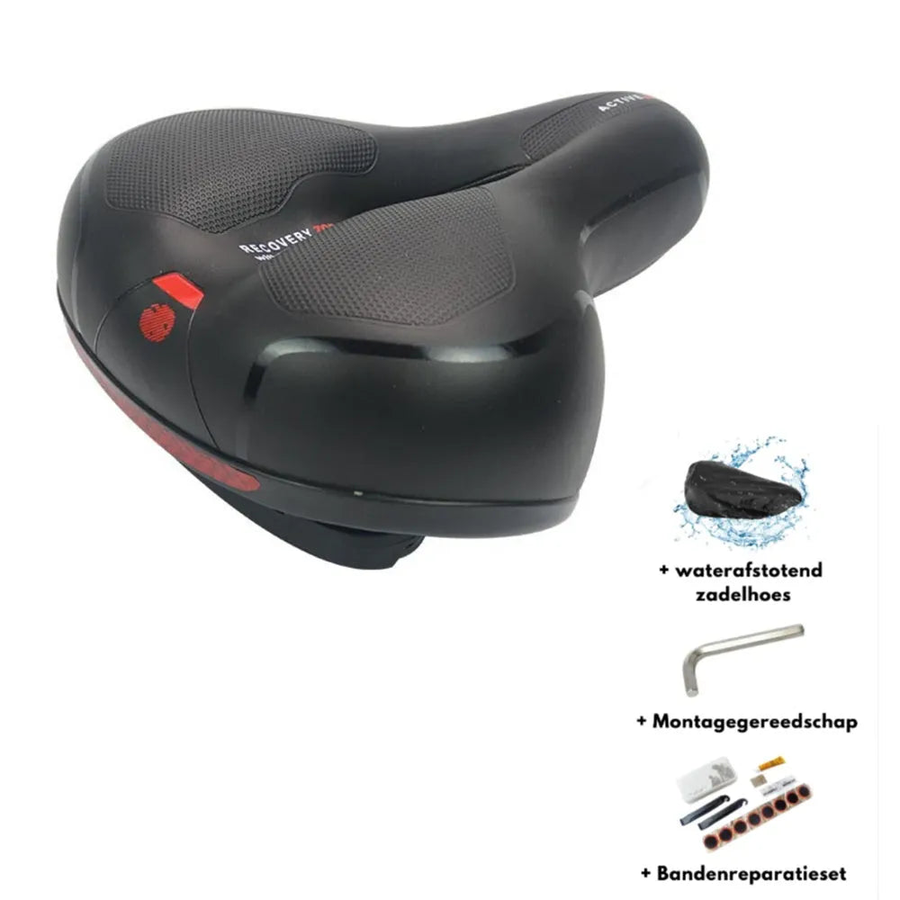Soft silicone bicycle cushion with PU leather cover, wrench, and waterproof accessories.