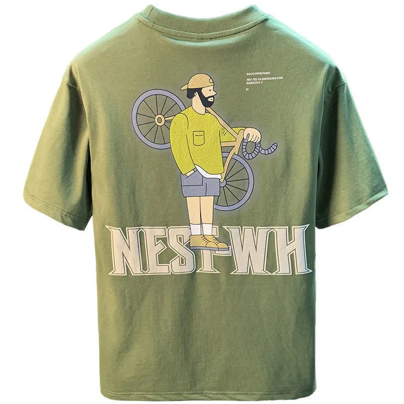 Green men's t-shirt with literary print design in loose fit with short sleeves